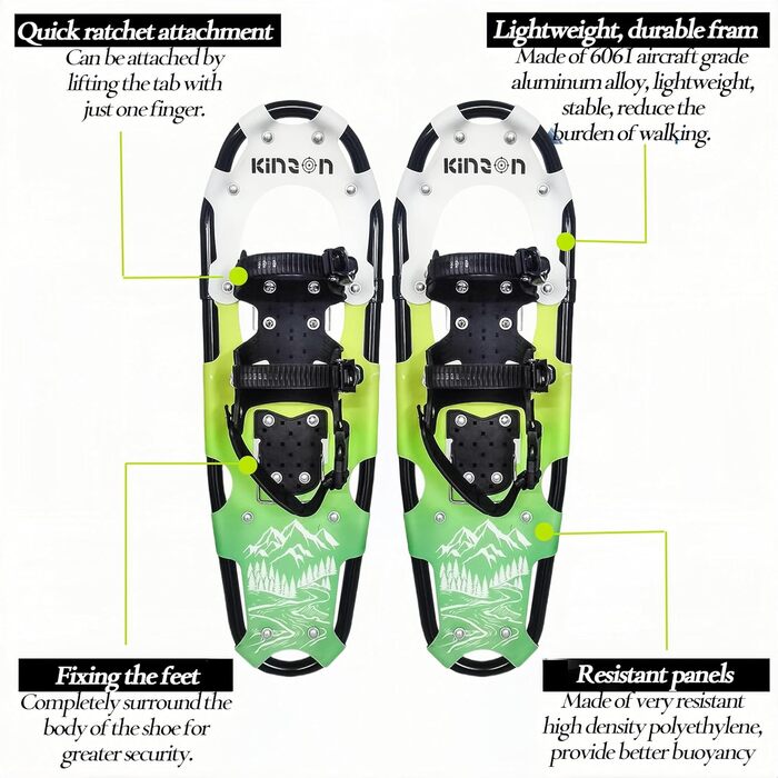 Снігоступи KinZon 3-в-1: легкі, міцні, з трекінговими палками та сумкою, підйом на п'яті, для походів, зелені, 63.5 см (для ваги 54-86 кг)