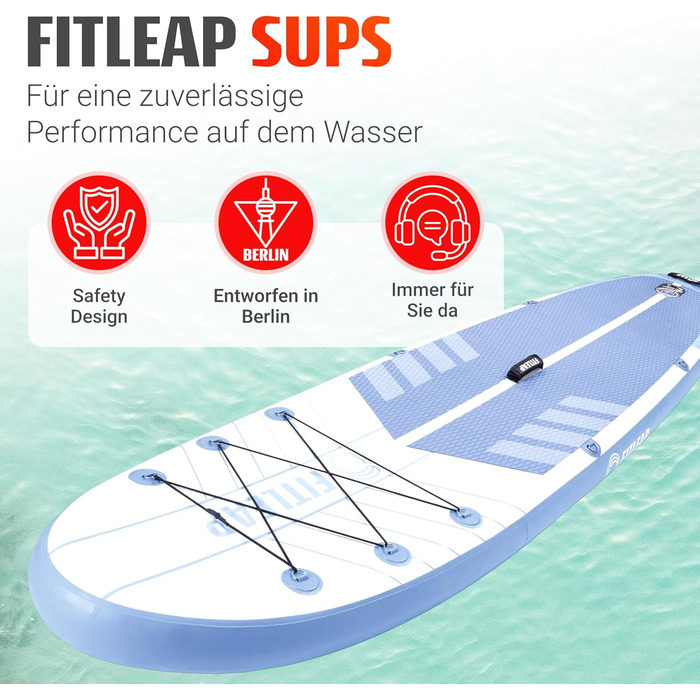 Надувний SUP Борд Fitleap Premium Stand Up Paddle Board - Комплект з насосом, веслом та рюкзаком. Підходить для йоги, серфінгу та водних видів спорту. Для 1 особи.