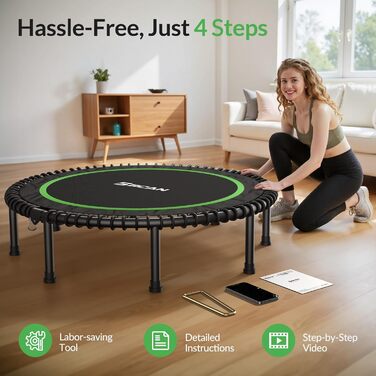 Трамплін для дому BCAN Fitness, діаметр 102/122 см, з пружинами/ bungee-шнурами, для дорослих до 250 кг, з регульованими ручками, тихий та з низькою вібрацією. Зелений/Чорний (122 см)