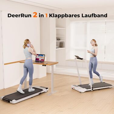Біговий тренажер DeerRun для дому з робочим столом, підходить для високотехнічних пристроїв, MAX 136 кг, з керуванням через APP, складаний Walking Pad з навчальними курсами та мультиплеєрним режимом, білий