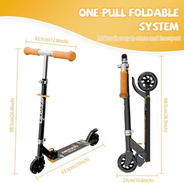 MEE GOO Роликовий самокат для дітей з алюмінію, складний, 3 регульовані висоти, LED колеса, чорний