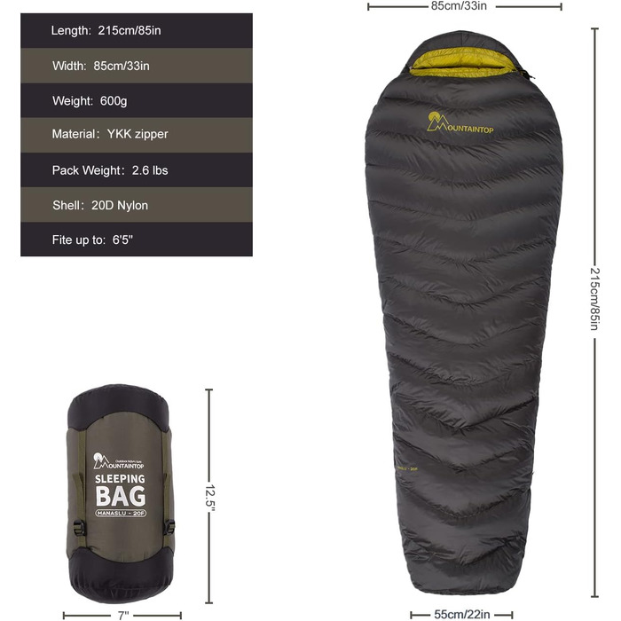 Спальний мішок кокон Mountaintop Ultralight 650 Fill Power (Качка) для кемпінгу, гірських походів, 32°F (0°C) - Армійський зелений