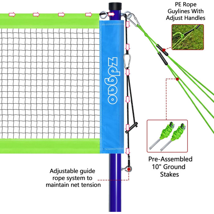 Набір для бадмінтону Zdgao для двору: портативна сітка з лебідкою, 4 алюмінієві ракетки, 3 волани, розмітка та сумка для перенесення (Синьо-Зелений)