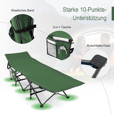 Розкладне ліжко SOARS для кемпінгу та відпочинку: стабільне металеве ліжко з кишенею та сумкою, до 272 кг, для саду та дому, зелене