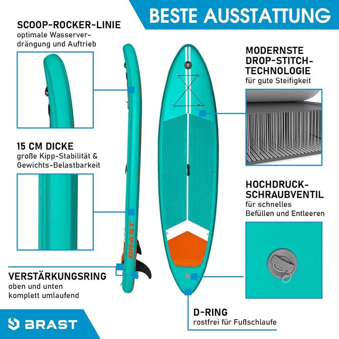 Надувний SUP Board BRAST Turtle | Комплект для станд-ап паддлбордингу | 320x81x15 см | 4 дизайни | 5 років гарантії | з аксесуарами | 2в1: SUP Board та каяк | з кріпленням для Action-Cam, петлею для ніг, рюкзаком | Колір: Туркіс