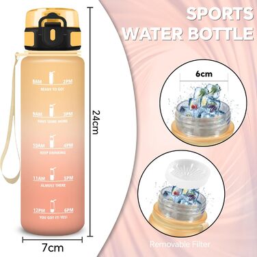 Спортивна пляшка для води 1 літр з міткою часу, витокозахисна, для велосипеда, школи, офісу, фітнесу (500 мл, бурштиново-помаранчевий)