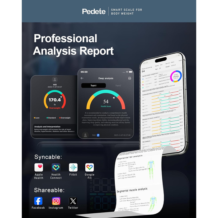 Вага для вимірювання жиру в тілі Smart, цифрова вага з Bluetooth, аналіз складу тіла, BMI, протеїн, 400lb