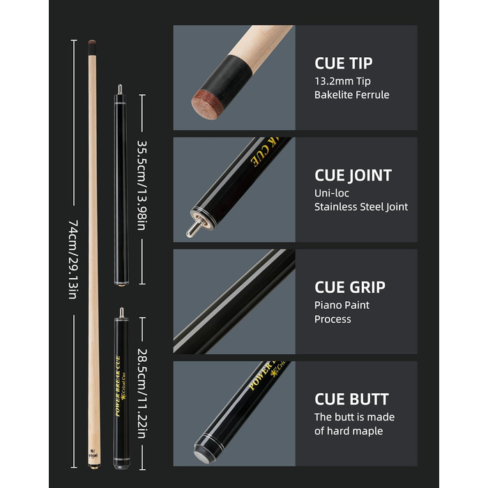 Професійна кий для більярду/пулу Crival Heavy Hitter Jump-Break-Queue, 3-х частин, 137.2 см, з клена, чорного кольору