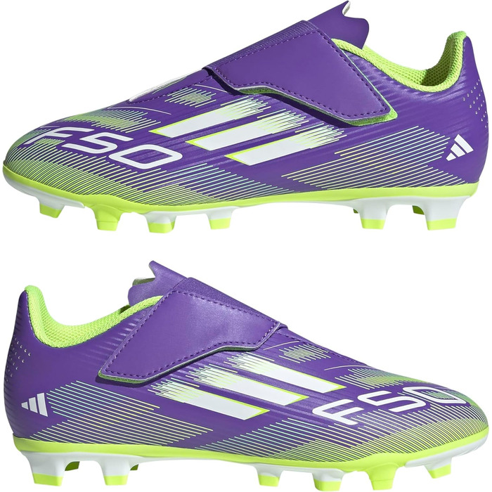 Дитячі футбольні бутси Adidas F50 Club Hook and Loop для гри на твердих та універсальних покриттях, розмір 35 EU, фіолетовий/білий/лимонний колір
