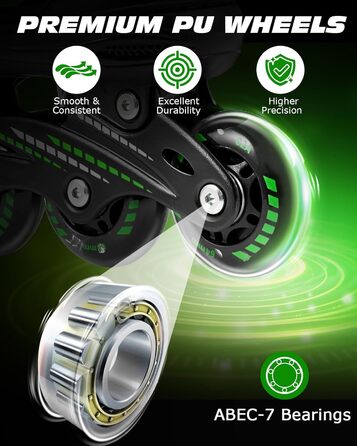 Роликові ковзани Hozzen для дітей, регульовані, ролики для дівчаток та хлопчиків, ролики з колесами, що світяться в темряві, ролики для використання в приміщенні та на вулиці, чорно-зелені