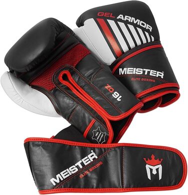 Боксерські рукавички Meister Gel Armor 16oz для тренувань з натуральної шкіри, чорні/червоні/білі, дорослі, з сітчастою сумкою