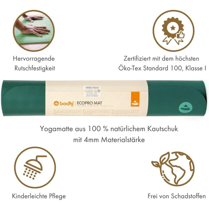 Йога-мат Bodhi ECO PRO 100% натуральний каучук, антиковзкий, екологічний, для йоги та пілатесу, 185x60x0,4 см