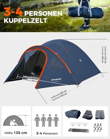 Намет KingCamp для 4 осіб: просторий, водонепроникний, для кемпінгу, трекінгу та активного відпочинку (Marineblau)