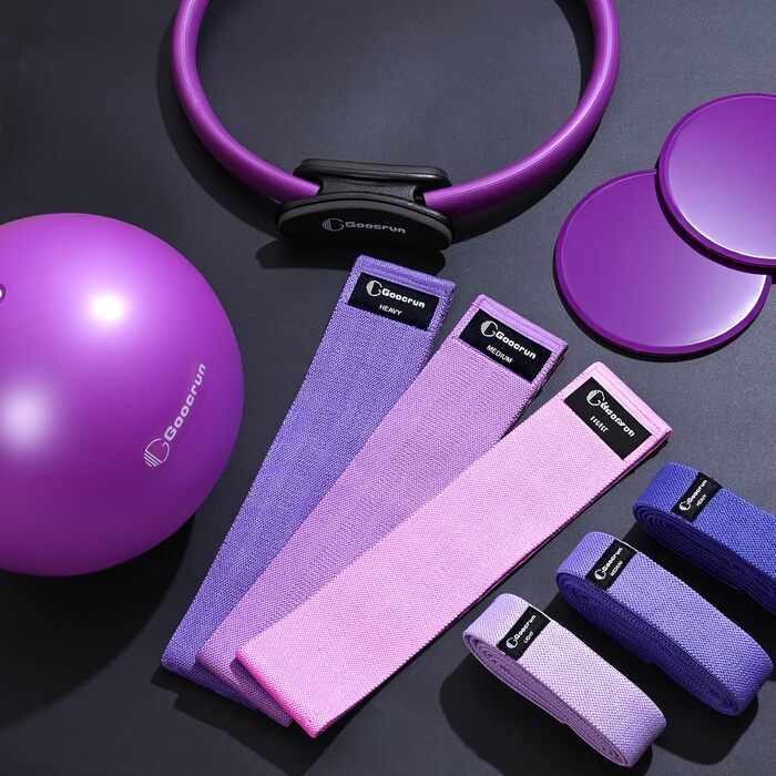 Pilates-кільце Goocrun з гумовими стрічками, м'ячем та слайдерами для фітнесу вдома – фітнес-постер у комплекті (середній рівень, фіолетовий)