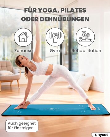 Килимок для йоги Unycos з неслизькою поверхнею | Висока щільність 6/10/15 мм, тренувальний килимок для гімнастики з ременем для перенесення, з електронною книгою. Дружній до шкіри фітнес-килимок для пілатесу, тренувань, спортзалу (#21 Синій + Чорний, 183*