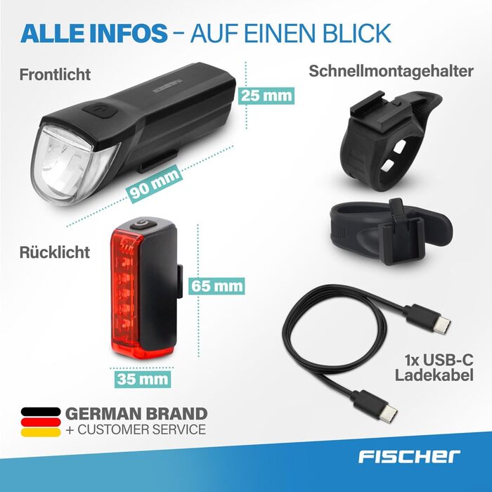 Велосипедний ліхтар FISCHER Twin Set: 360° підсвічування, LED, 30 Lux, USB-C, акумуляторний, для передньої та задньої частини велосипеда