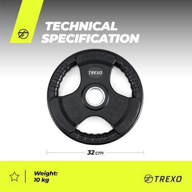 Диск для штанги з ручками TREXO 10 кг, чавунний, покритий, для фітнесу, кросфіту та силових тренувань