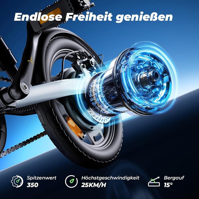 Складний електровелосипед Finbike 14/16 дюймів, 250Вт, акумулятор 7.8Аг, швидка зарядка, 3 режими швидкості, до 45 км, для дорослих і підлітків, біло-синій