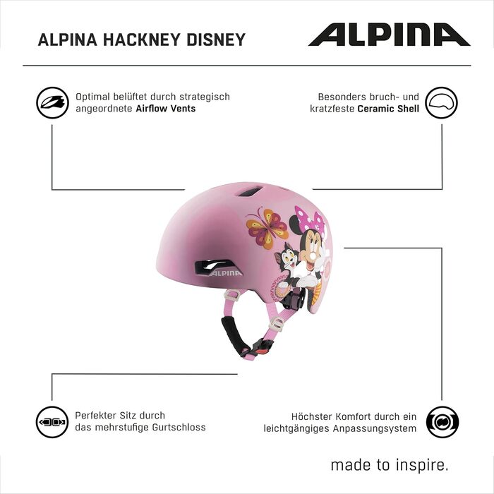 Дитячий велошолом ALPINA Hackney Minnie Mouse (51-56 см) - Легкий, міцний, з регулюванням вентиляції та світлодіодом