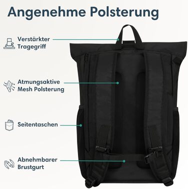 Рюкзак LARKSON Rolltop для чоловіків і жінок, чорний, великий, для школи, університету, велосипеда, 16-дюймове відділення для ноутбука, водовідштовхувальний, антивикрадальний, екологічний