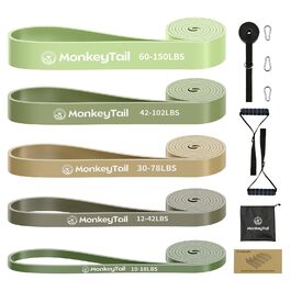 Набір гумових еспандерів MonkeyTail (5 рівнів опору) для фітнесу, йоги та силових тренувань + анкер для дверей + сумка для зберігання, унісекс, зелений