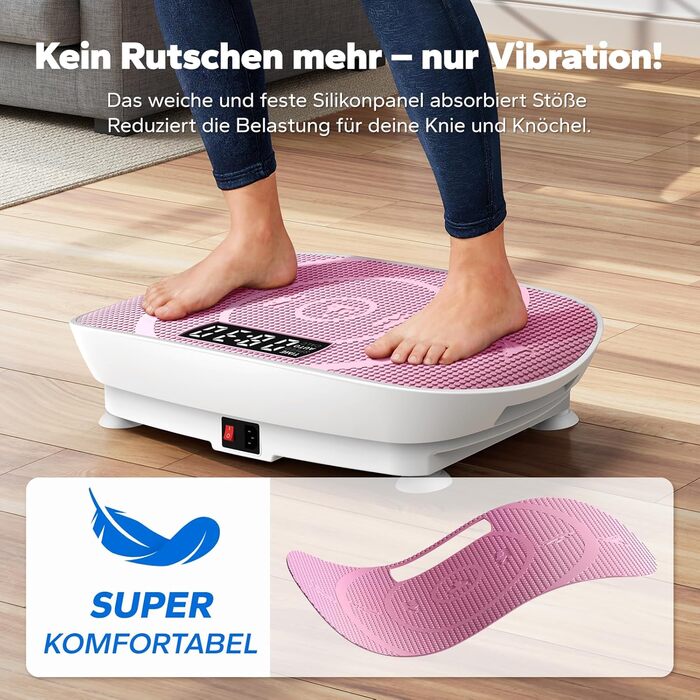 Вібраційна платформа MERACH для формування тіла та розслаблення. Тиха, компактна, з LED-дисплеєм, пульт дистанційного керування та комфортним силіконовим килимком. Рожева