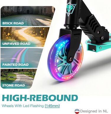 Самокат дитячий SUOTU з колесами 145 мм, до 100 кг, світлодіоди, складаний, регульована висота, для хлопчиків та дівчаток, алюмінієвий (Чорно-синій)