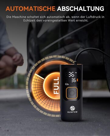 Електричний портативний компресор SUNPOW 7500mAh, 160 PSI для авто, велосипедів, з LCD дисплеєм, LED підсвіткою, Powerbank, 12V DC, автоматичне вимкнення