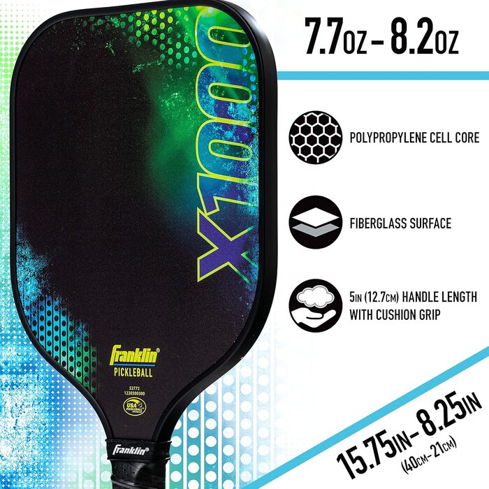 Професійна ракетка для піклболу Franklin Sports X-1000, поліпропіленовий сердечник 8 мм, офіційна USAPA, легка, зелена