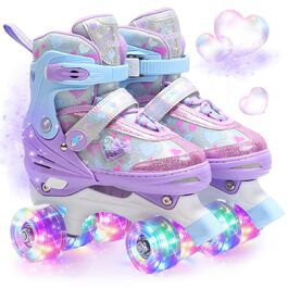 Ролики для дітей дівчаток з блискучими сердечками та світлодіодними колесами, 4-разово регульовані, ролики для початківців, ідеальний подарунок на день народження або Різдво, фіолетовий