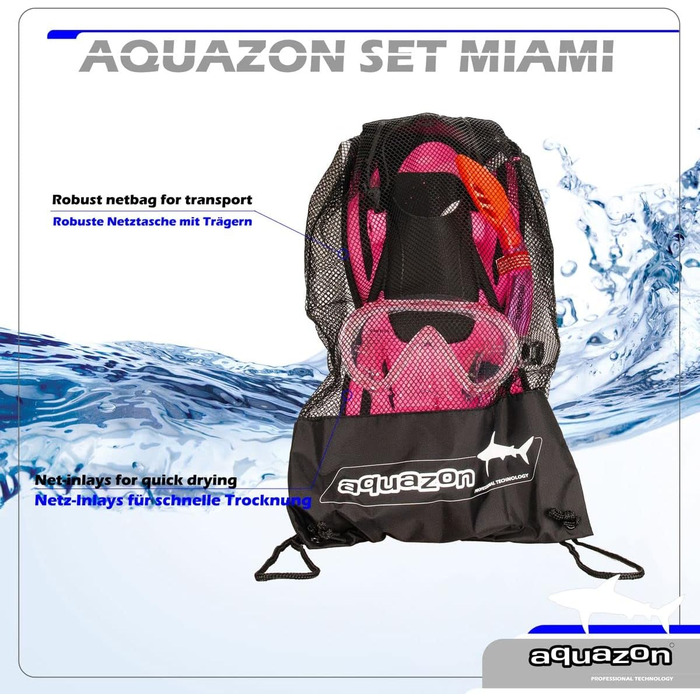 Дитячий набір для підводного плавання AQUAZON Miami: маска, ласти, трубка, регульований розмір, рожевий, 7-14 років