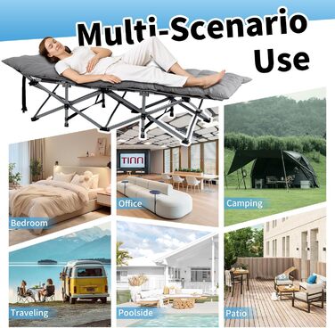 Розкладне ліжко LEADZM для кемпінгу з матрацом, 190x71x36 см, сталевий каркас, сірий