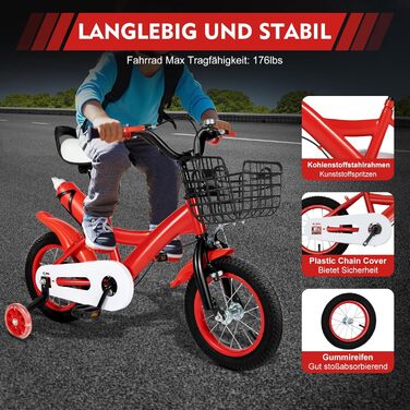 Дитяче велосипед 12 дюймів з регульованою висотою сидіння, додатковими колесами та кошиком, для хлопчиків та дівчаток 2-5 років (Червоний)