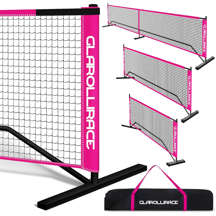 Набір для піклболу 3-в-1 портативний, розмір 22x10x4 фути, сітка PE + металевий каркас, система для гри в будь-яку погоду, стійка до вітру, для залу та вулиці (Барбі Рожевий)