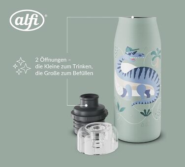 Дитяча термобутилка alfi KIDS ISO 350 мл, зелена з динозаврами, з нержавіючої сталі, ізольована, герметична, з гвинтовою кришкою, зберігає тепло 12 годин, холод 24 години, підходить для газованих напоїв, BPA-free