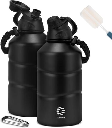 Термофляга FJbottle з нержавіючої сталі 1.9L з магнітною кришкою, без BPA, подвійні стінки, витримує нагрівання, для спорту, універу, кемпінгу, відпочинку на природі, чорна. 1900 мл