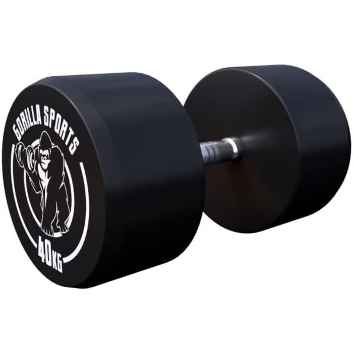 Гантель GORILLA SPORTS 40 кг, кругла, гумова, гантель для фітнесу з чавунним осердям, нековзка рукоятка, чорна