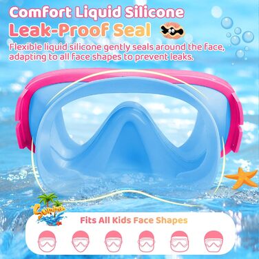 Дитячі маски для снорклінгу Vvinca з регульованим ремінцем, маски для плавання для дітей 3-14 років, хлопчиків та дівчаток, маска для дайвінгу 180° панорама, антизатоплювальна, 1-блакитний+рожевий