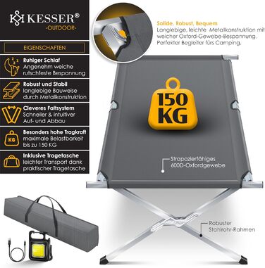 Кемпінгове ліжко KESSER® розкладне, з сумкою, ліхтарем та кишенею, 190/210 см, металевий каркас, 150 кг, 600D Oxford