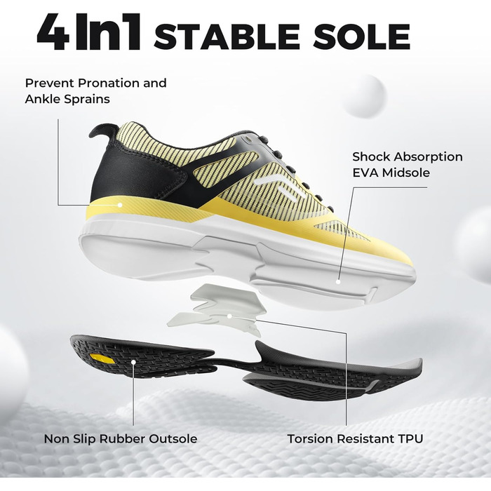 Тенісні кросівки FitVille для чоловіків з широкою ногою. Зручні кросівки для бадмінтону, фітнесу та залу. Неслизькі, дихаючі, жовтого кольору з чорним. 46 EU (широкі)