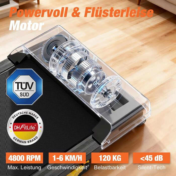DH FitLife 2026 Walking Pad: Безшумне ходункове тренажерне обладнання з регулюванням нахилу до 6% | Для дому та офісу | З керуванням через APP | TÜV geprüft
