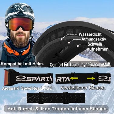 Скі-маска OUTDOORSPARTA для дорослих, сноуборд маска для носіїв окулярів, чоловіча/жіноча, UV-захист, сумісна з шоломом, чорний каркас, дзеркальна лінза червоного кольору