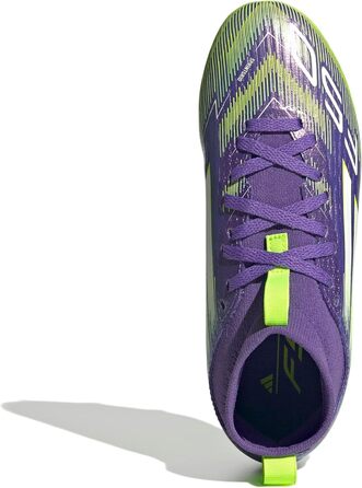 Дитячі футбольні бутси adidas F50 League Mid для гри на твердих/багатоповерххових покриттях, розмір 38 EU, колір Purple Rush Cloud White Lucid Lemon