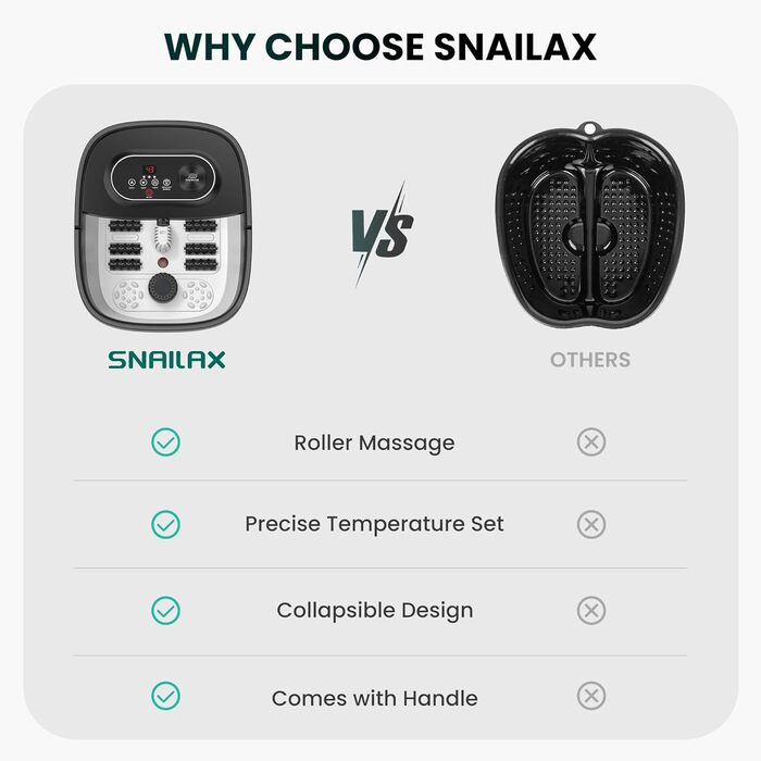 Електрична ванночка для ніг Snailax з масажем та підігрівом, 14 режимів нагріву, ролики Shiatsu, бульбашки, червоне світло, таймер, складна, чорна