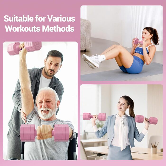 Набір гантелей Yoleo регульований 2/4 шт. для дому, 2 кг, 3 кг, 4 кг, 5 кг, з м'яким TPR-покриттям, для тренувань всього тіла (рожевий)
