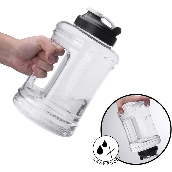 Спортивна пляшка для води Vennerli 2,5 л з мірною шкалою та ручкою, витокозахисна, чорна, прозора