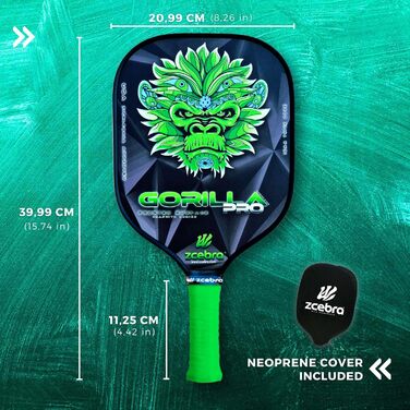 Професійна ракетка для піклболу ZCEBRA Gorilla Pro Green з графіту та карбону, поліпропіленовий стільниковий сердечник 16 мм, текстурована поверхня, у комплекті чохол