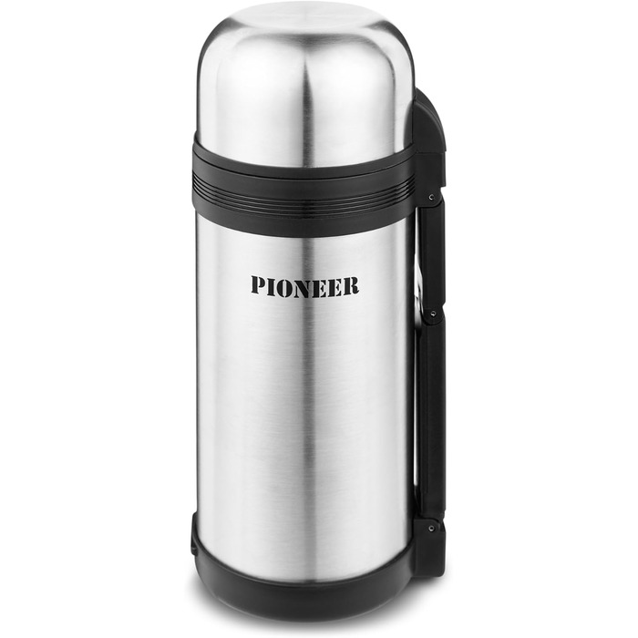 Термос Pioneer 1,5 л з нержавіючої сталі з ручкою та чашкою, подвійні стінки, зберігає тепло/холод 8 годин, герметичний, BPA Free, сріблястий