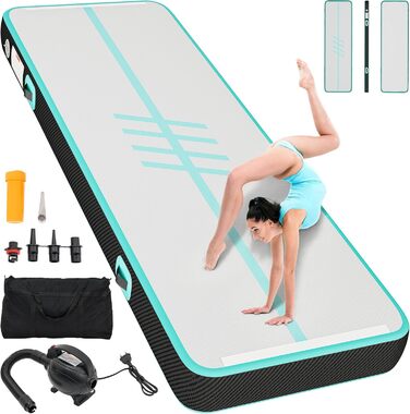 DWVO Килимок для гімнастики та акробатики Air Matte Track, 3/4M, 10см, з повітряним насосом, для тренувань, йоги, фітнесу, акробатики, гімнастики, на відкритому повітрі, зелений