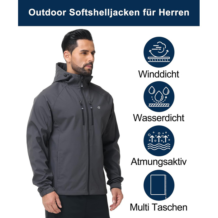 Чоловіча куртка Softshell Huayuzh водонепроникна та вітрозахисна, дихаюча outdoor куртка-вітровка для походів та кемпінгу, сіра, розмір XL